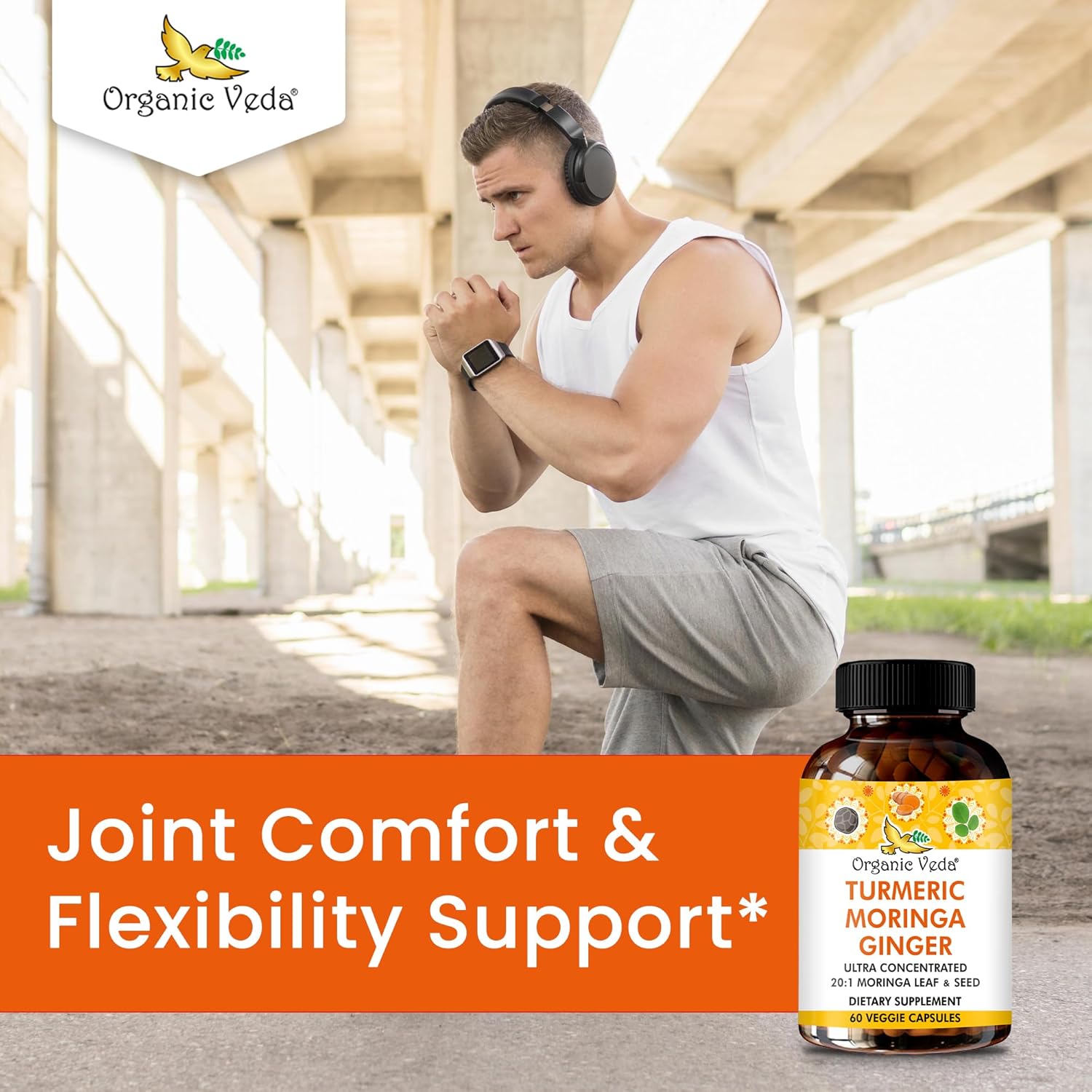 Organic Veda Turmeric Moringa Ginger Capsules - Super Antioxidants & Curcumin Supplement with 20:1 Moringa Leaf & Seed Extract, Black Pepper - Energy, Joints, Heart Health Support - 60 Vegan Pills