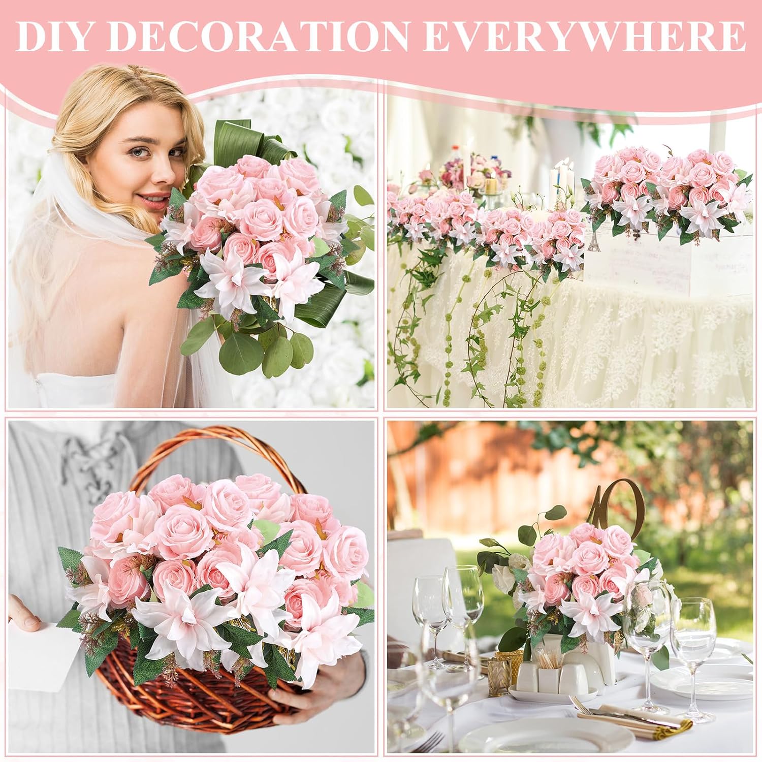 Riceshoot 8 Bundles Pink Artificial Lily Rose Flowers Wedding Flower Bouquet Realistic Silk Flowers Faux Lily and Rose for Wedding Centerpieces Flower Arrangement Home Decor