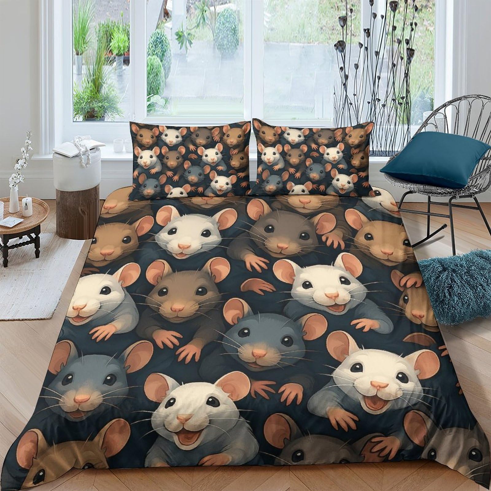GPLZQXKJNH 3D Printed Cartoon Rat Duvet Cover Microfiber Soft Breathable Animal Mouse Bedding Set with 2 Pillowcases for Bedroom Apartment Single（135x200cm）