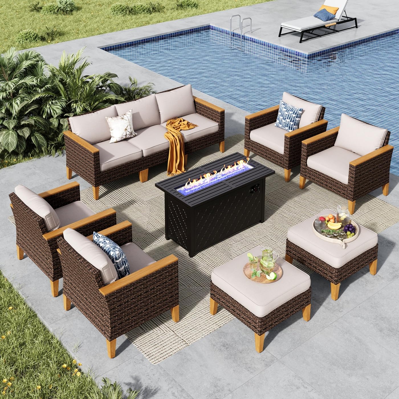 MFSTUDIO 9 Piece Wicker Patio Furniture Set with Fire Pit Table, 4 x Single Chair, 2 x Ottoman, 3-Seat Sofa, All-Weather Outdoor PE Rattan Patio