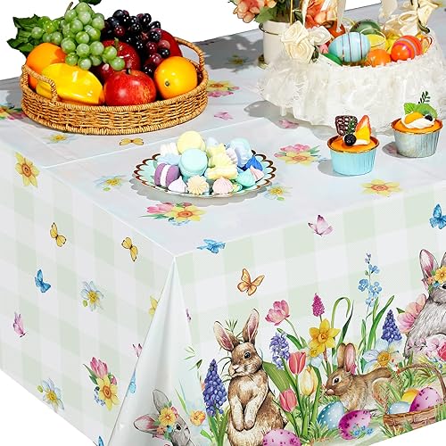 Miniatura 5 de Riakrum Mantel de Pascua rectangular de plástico con huevos de conejo, mantel floral para decoración y suministros de fiesta de Pascua, primavera,