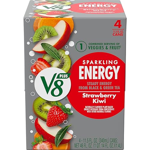 V8 SPARKLING +ENERGY - Bebida energética de fresa y kiwi, lata de 11.5 onzas líquidas (paquete de 4)