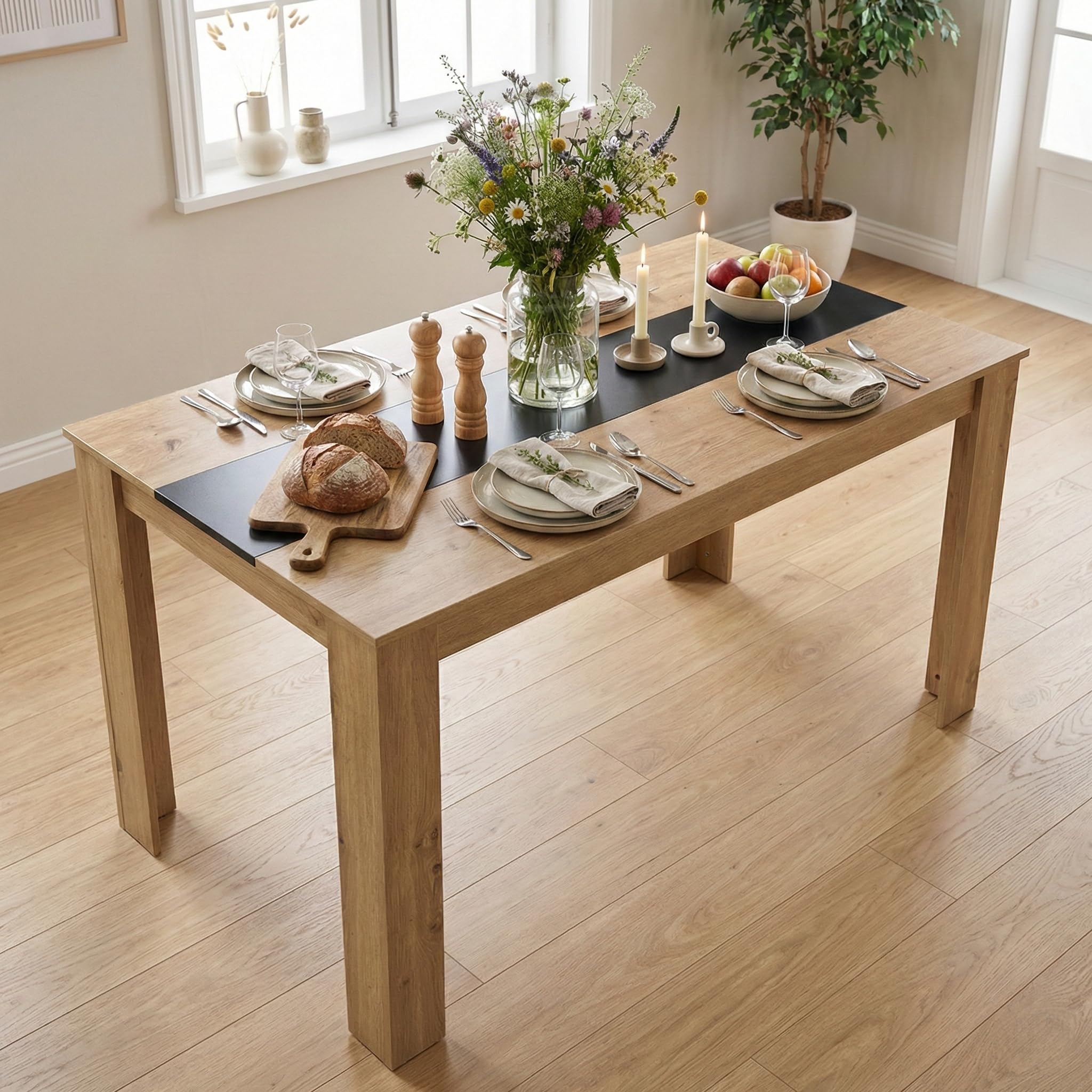 Tavolo da pranzo in legno, 140 x 70 cm, tavolo da pranzo, rettangolare, per 4 persone, moderno, in legno, grande per sala da pranzo, soggiorno, colore rovere + nero
