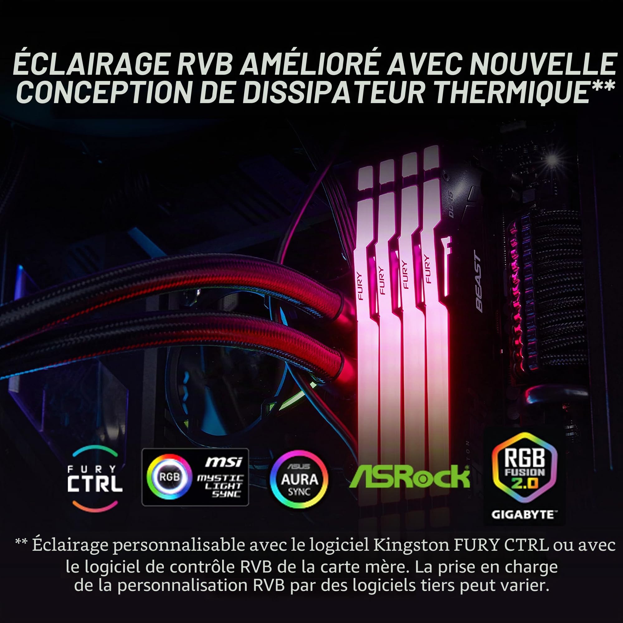 Kingston FURY Beast Noir RGB 32Go (2x16Go) 5600MT/s DDR5 CL40 DIMM Mémoire pour PC de Gamer Kit de 2 Intel XMP - KF556C40BBAK2-32