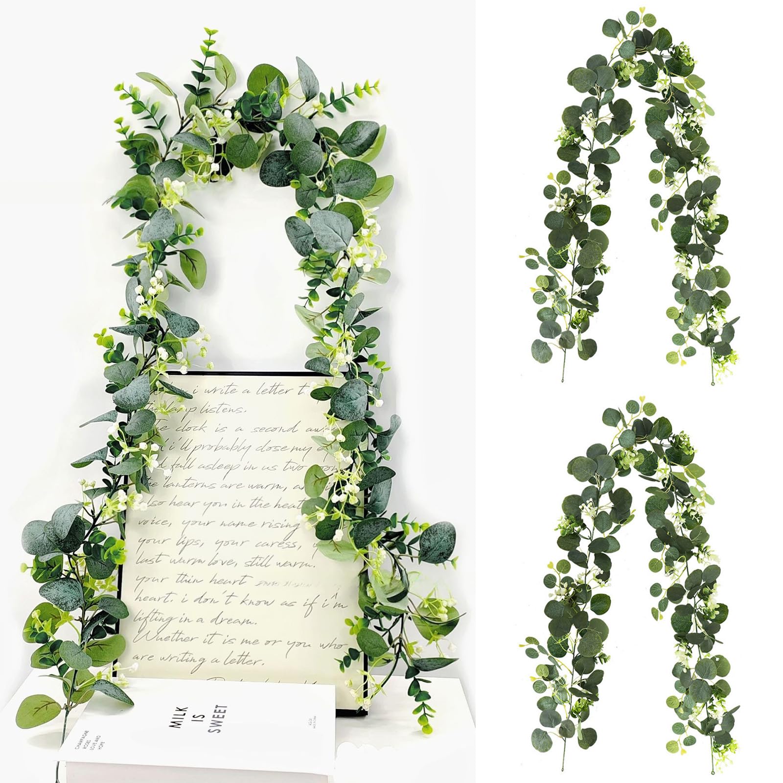 Muiltvoe 2-Pack Artificial Eucalyptus Garland Vine with Money Leaves, Lifelike Greenery Foliage for Wedding, Home, Party, Wall, Mantle Decoration (Green)
