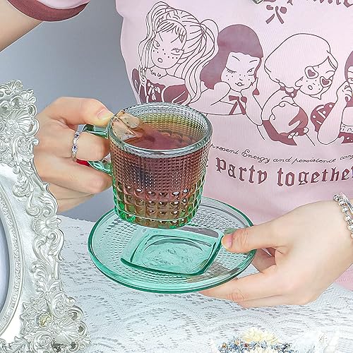 Miniatura 3 de Linkidea Taza de café de cristal vintage con platillos de 6 onzas para café juego de cristalería en relieve taza de desayuno plato de postre para el