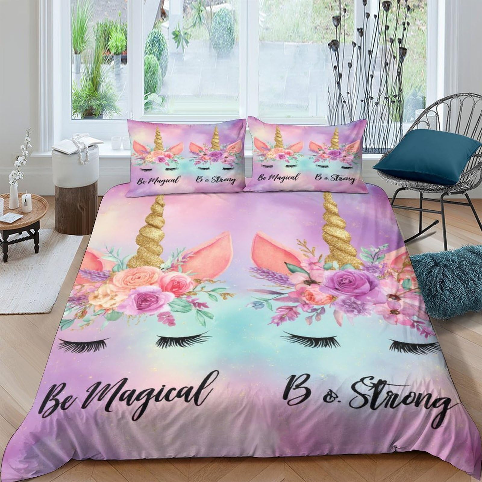 Ctjqhvkz Style-3 3D Printed Unicorn Rainbow Fitted Sheet Microfiber Soft Pastel Floral Bed Cover Anti-Slip Machine Washable For Bedroom Guest Room Single（135X200cm）