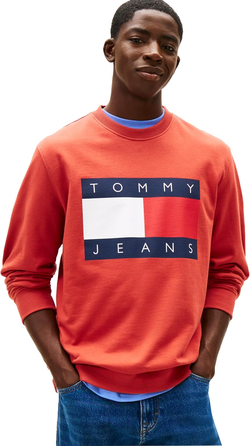 Tommy Jeans Men's Medium Weight Crewneck Sweatshirt With Printed Flag Logo