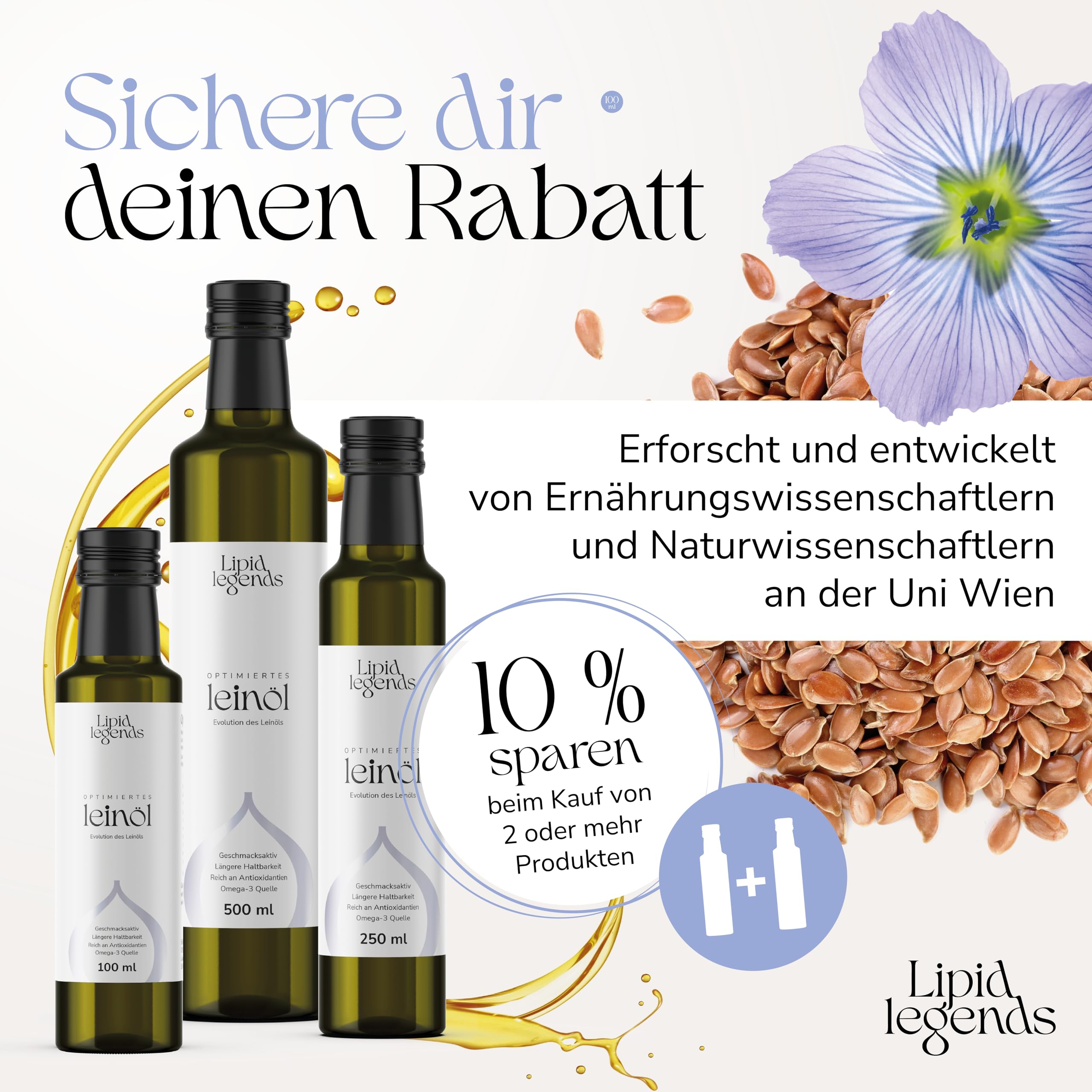 LIPID LEGENDS Optimiertes Bio-Leinöl 500ml Uni Wien Innovation [Antioxidantien, haltbar, aromatisch, vegan, Omega 3] kaltgepresst I Erwachsene & Kinder I Cholesterin I Herzgesundheit