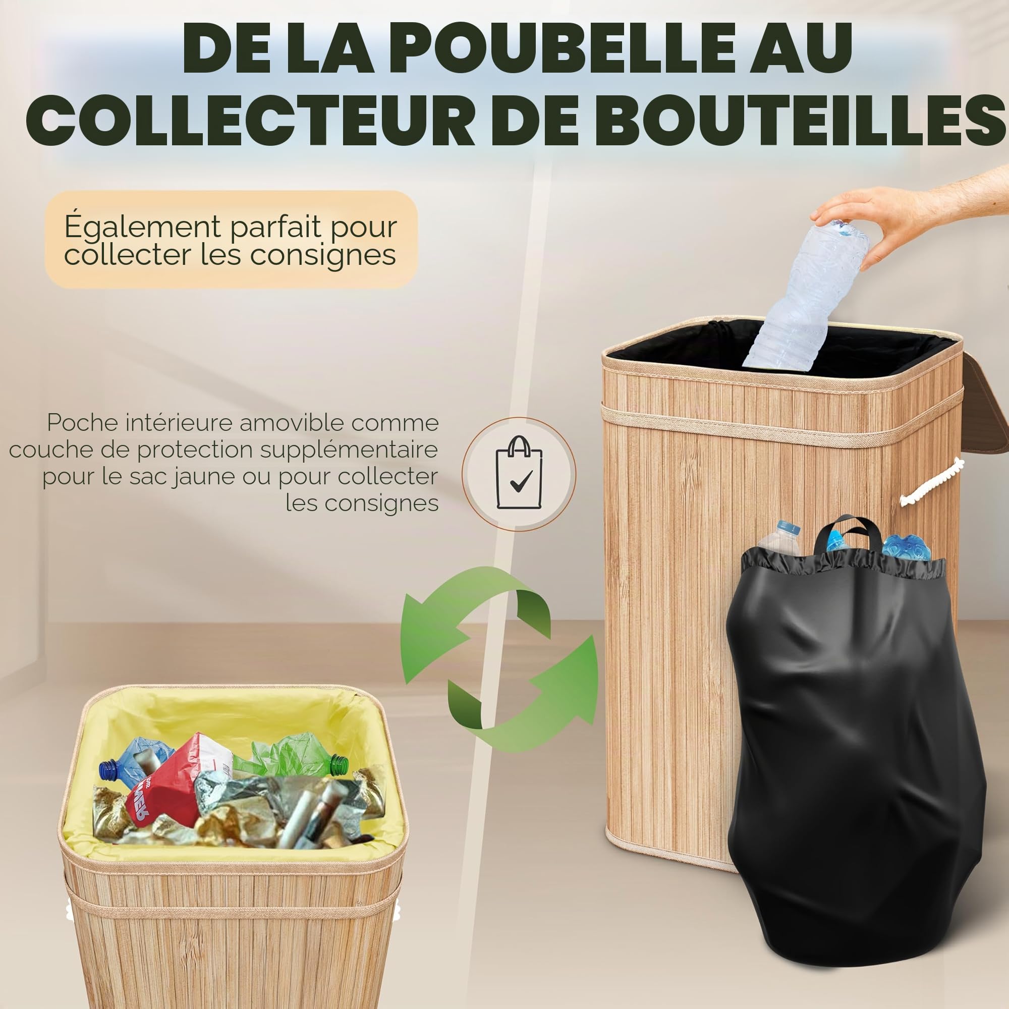 COTTARA Support de sac poubelle jaune avec couvercle - Support pour sacs poubelle en bambou - Avec sac intérieur lavable - Système de déchets de 60 à 120 l - Double maintien renforcé