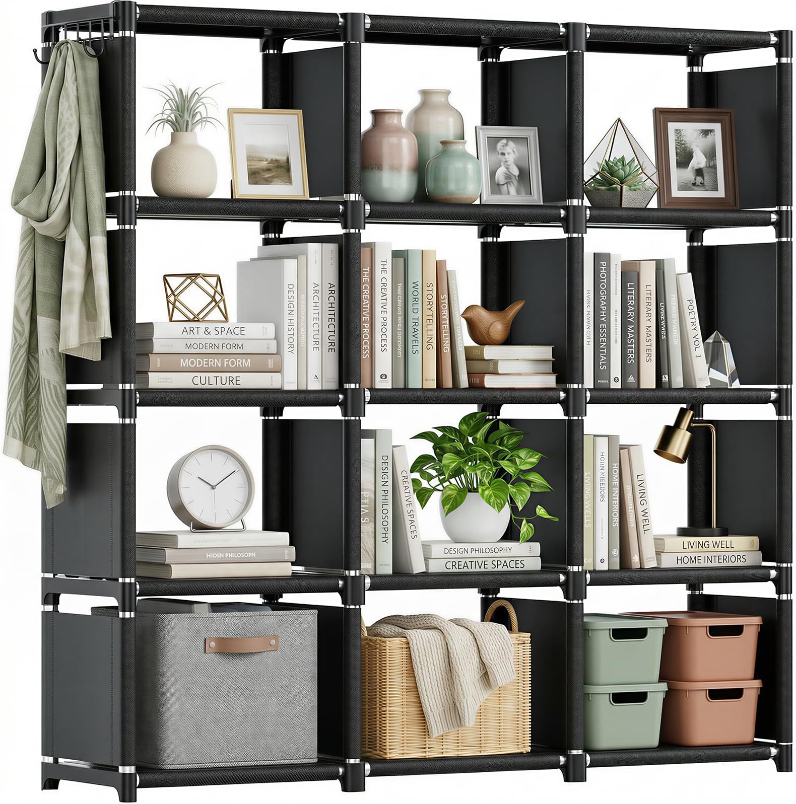 Mavivegue Book Shelf, 12 Cube Storage Organizer, DIY Bookcase, Metal Bookshelf,Tall Book case for Bedroom, Living Room,Office,Closet, Black Cubicle Rack