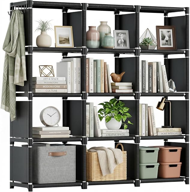Mavivegue Bibliothèque,Cube Organisateur de rangement,Réservateur de plateau de bibliothèque,Table de bibliothèque de tous, étagère Cube, Cubies Étagères de rangement de placard pour chambre,Salle de vie,Maison,Bureau (12 Cube, noir)