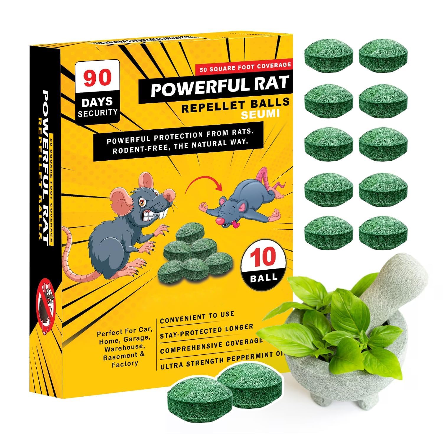 Rat Repellent Balls with Natural Peppermint Oil (Pack of 10) | 90-Day Protection, 50 Sq Ft Coverage, Rodent Deterrent, Car, Home & Garage, Long Lasting-image-10