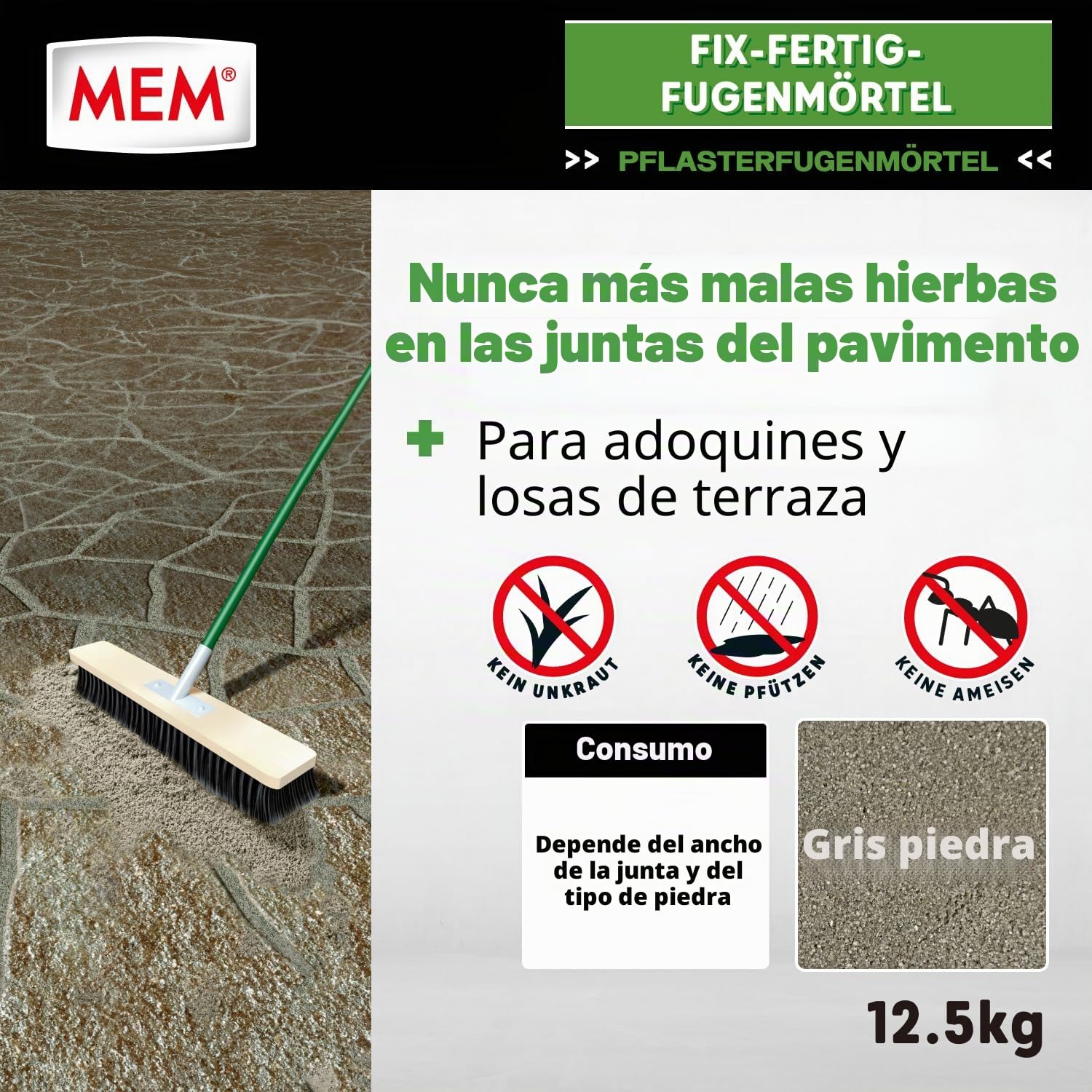 MEM Mortero de lechada listo para usar, resistente a la intemperie, antimalas hierbas, color gris piedra, 12,5 kg