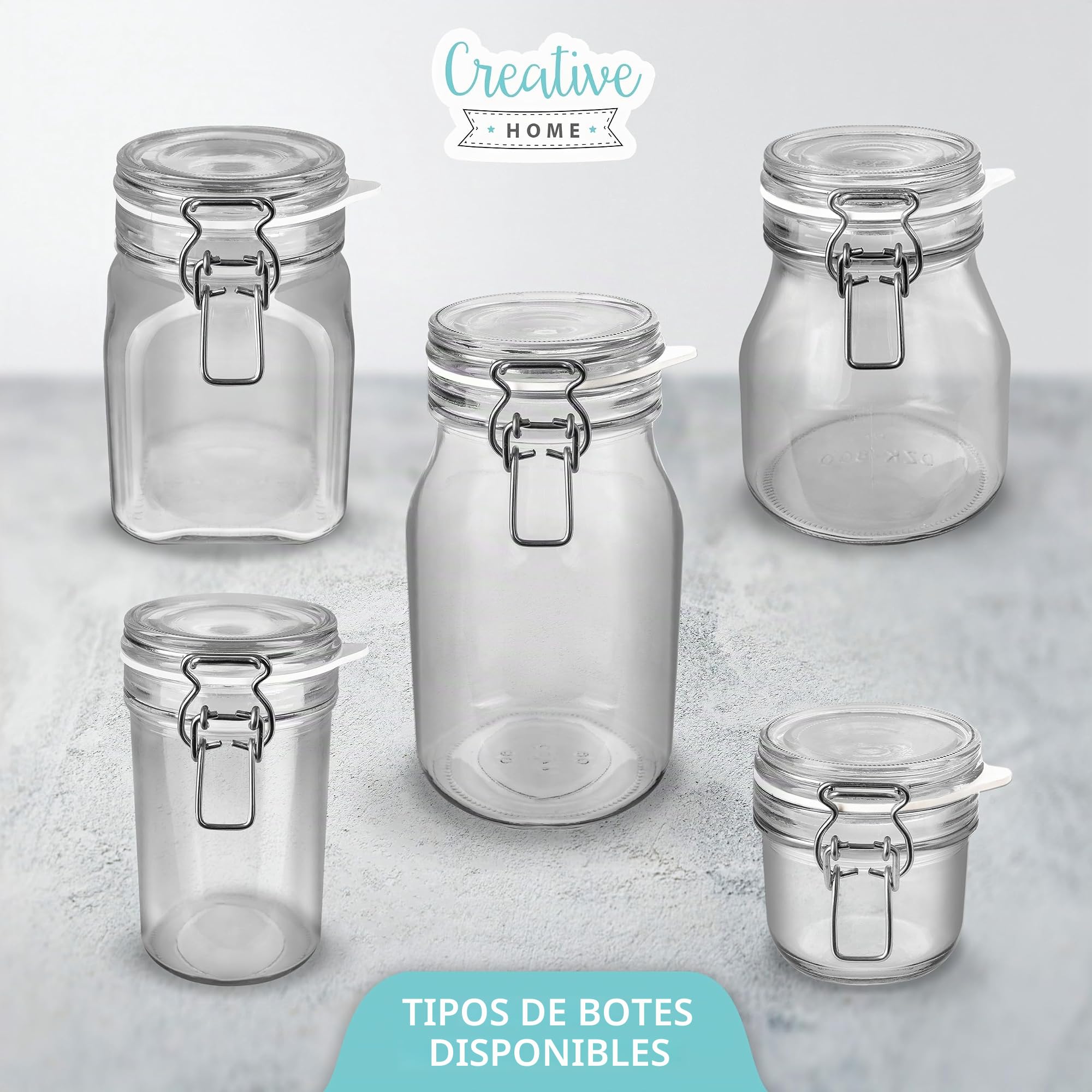 Creative Home 10 x Tarros de Cristal con Tapa Herméticos | 10 x 500 ml | Set Botes Envases Cierre de Clip | para Conservas Alimentos | Incluye 12 Pegatinas Reutilizables + 1 Tiza Sin Polvo