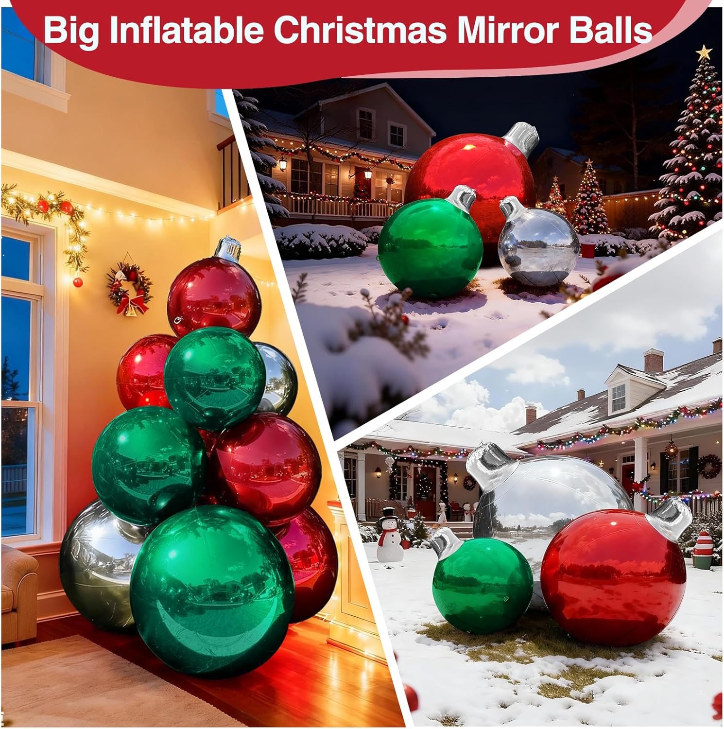 3PCS Silver Inflatable Mirror Ball, Big Inflatable Shinny Christmas Balls with Air Pump Reusable Large PVC Xmas Balloon for Christmas, Event Decoration, Party, Wedding Decor