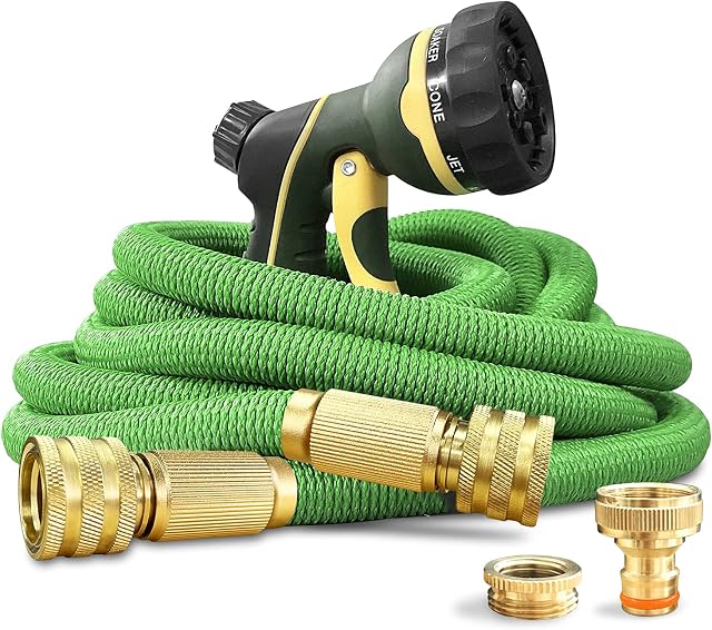 NGreen Expandable and Flexible Garden Hose - Strength Durable Fabric and 12-Layer Latex Inner Tube, Lightweight Easy Storage Kink Free Water Hose, Leakproof Solid Brass Fittings with Nozzle (25FT)