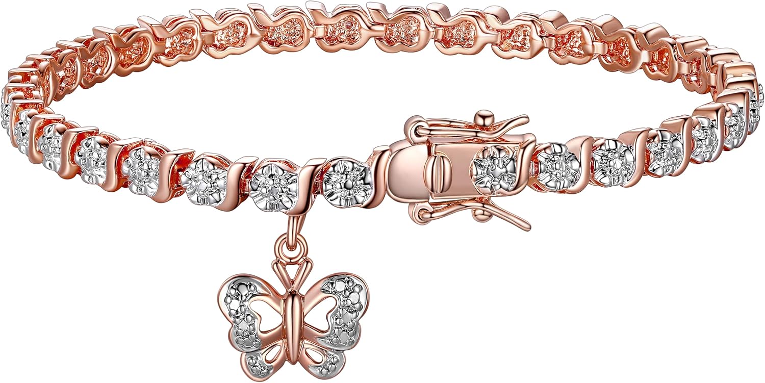 MORGAN & PAIGE Bronze Rhodium, 14k Rose Gold or 18k Yellow Gold Plated Diamond Accent Tennis Bracelets for Women Trendy - Charm Womens Bracelets with Accent S-Link Chain, Gift Jewelry 7.25 inch