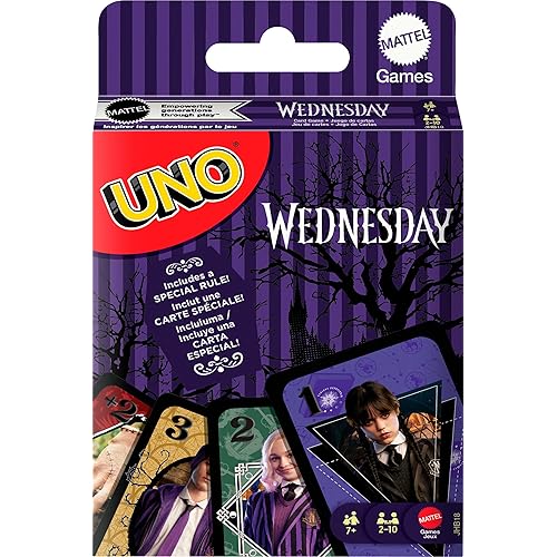 Mattel Games UNO Wednesday Card Game for Kid, Adult & Family Nights, Parties, Travel & Camping, Toy Collectible Inspired by The Series