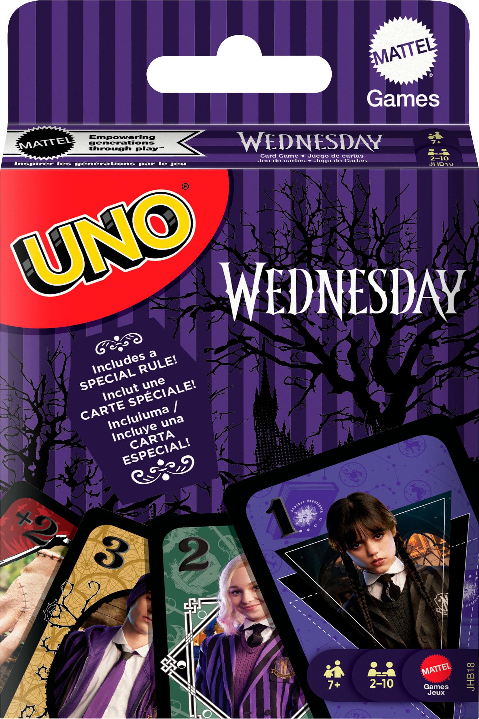 Mattel Games UNO Wednesday Card Game for Kid, Adult & Family Nights, Parties, Travel & Camping, Toy Collectible Inspired by The Series