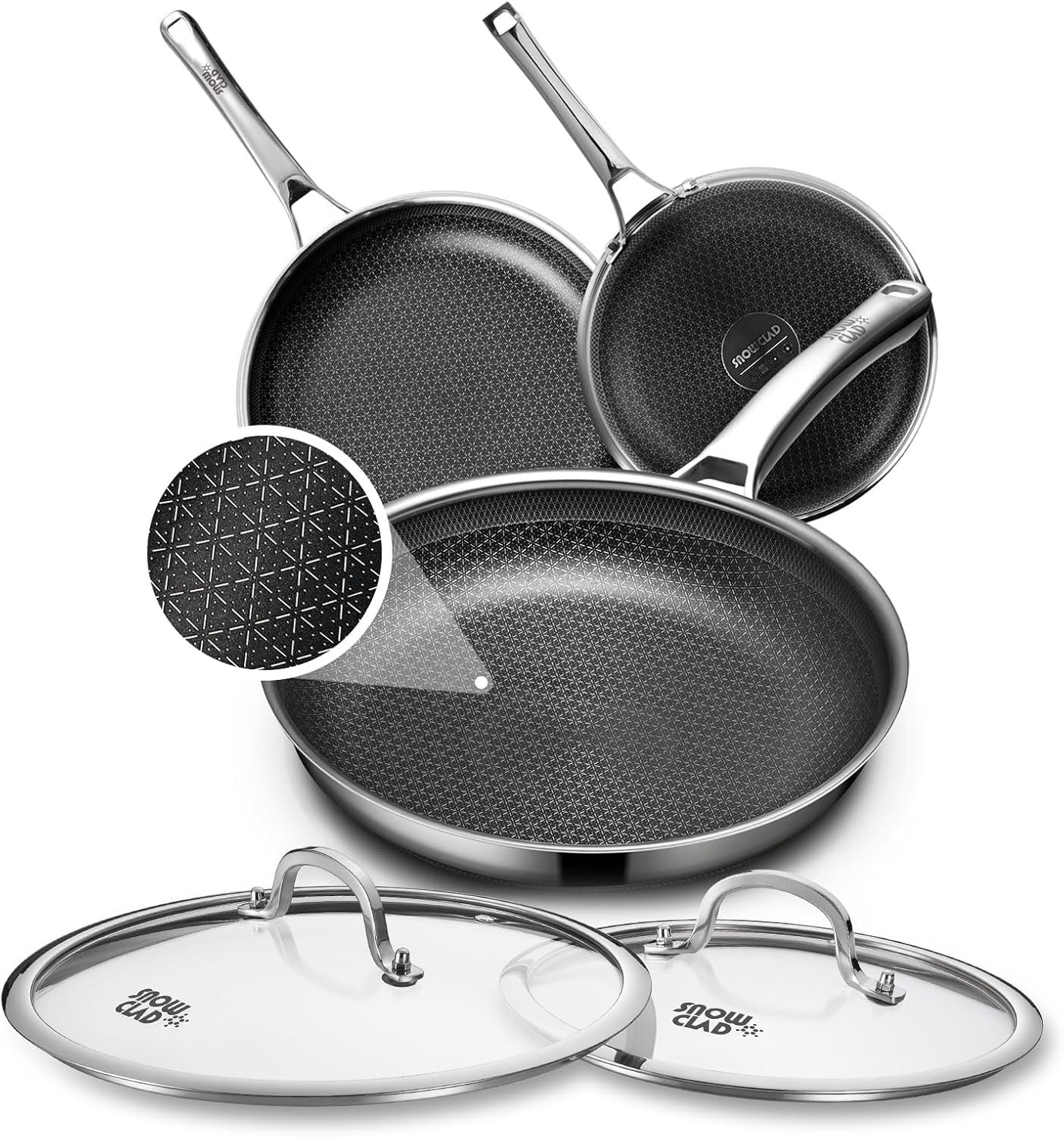 OATOFP Non Stick Frying Pans Set with 2 Lid, Hybrid Pans Set Nonstick (8+10+12inch),Pan for cooking, PFOA Free Kitchen set, Dishwasher and Oven-Safe Cookware Sets, Stainless Steel Skillets