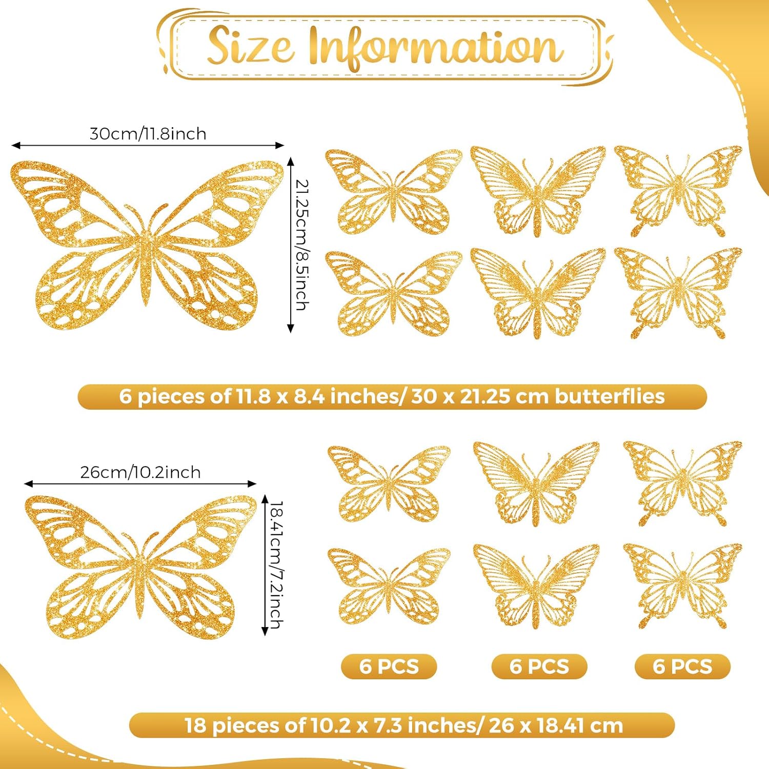 Yeaqee 24 Pcs Large Butterfly Party Decoration 3D Butterflies Wall Decor Set 2 Sizes 3 Styles Large Stickers for Birthday Baby Shower Nursery Bedroom Wedding Decor Cutouts(Glitter Gold)