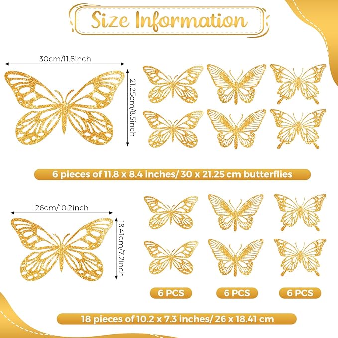 Decoración de 24 mariposas 3D brillantes doradas para pared, fiesta y boda miniatura 3