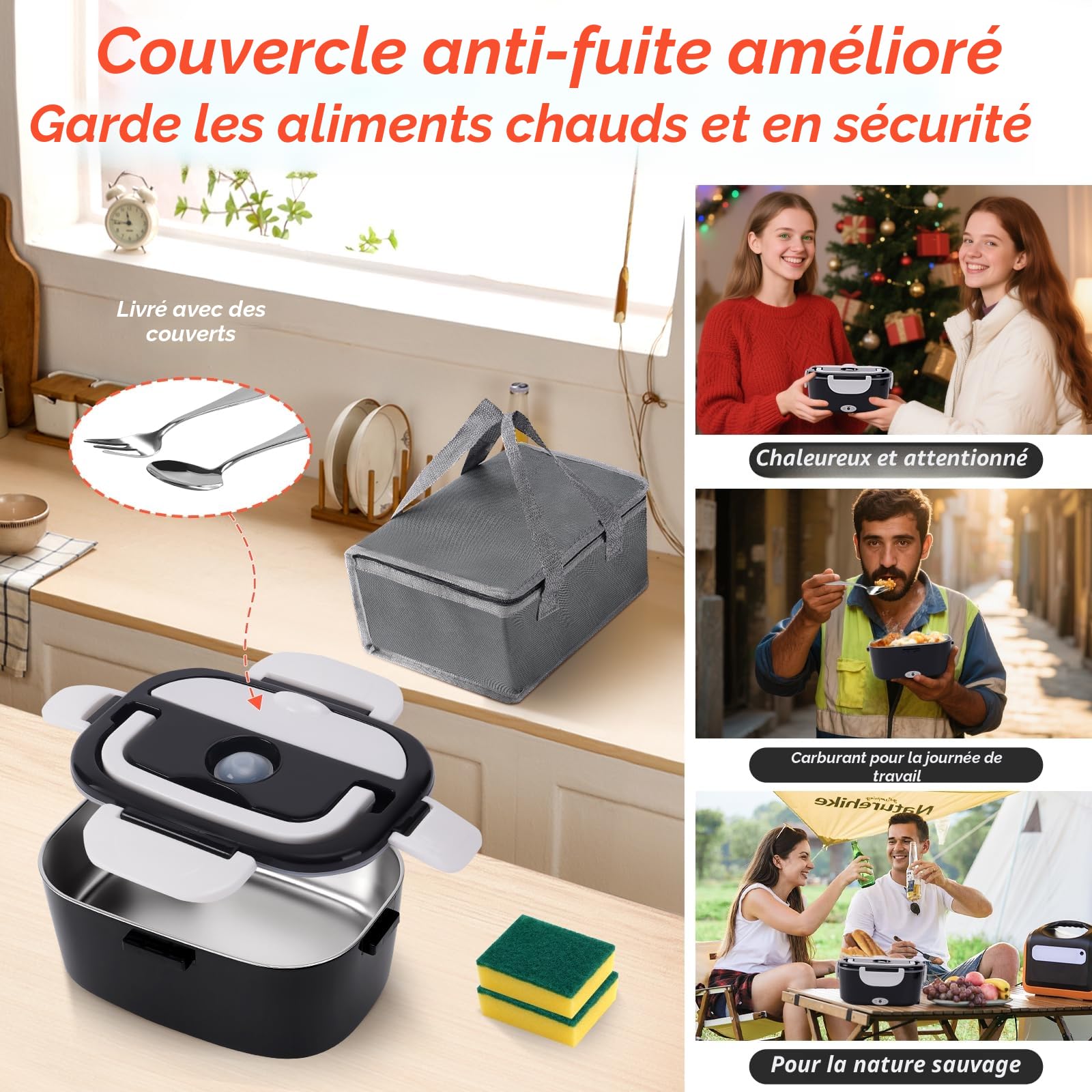 Lunch Box Chauffante Électrique 100W, 3 en 1 Portable, Gamelle Chauffante en Acier Inoxydable avec 2 Boîtes Amovibles, 12V/24V/220V pour Voiture, Camion et Bureau (Noir et Blanc, 1,5 L)