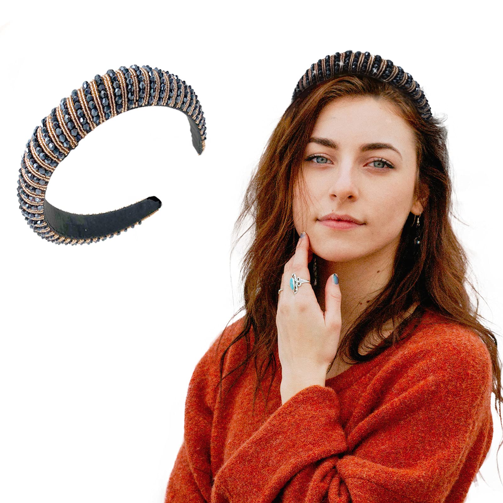 Rhinestone Headbands For Women Diamond Crystal Padded Headband Fashion Glitter jeweled headband Sparkle Bling Headbands For Women Girls Party Diamond Hair Accessories(Black&Coffee)