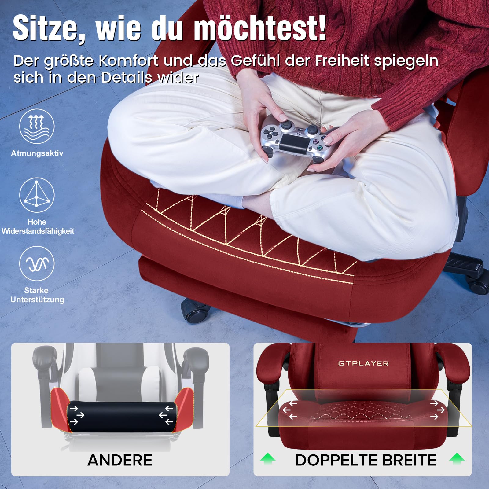 GTPLAYER Sedia da gaming, in tessuto, ergonomica, per ufficio, in PC, portata 150 kg, regolabile e girevole, con cuscino a molla e poggiapiedi, rosso