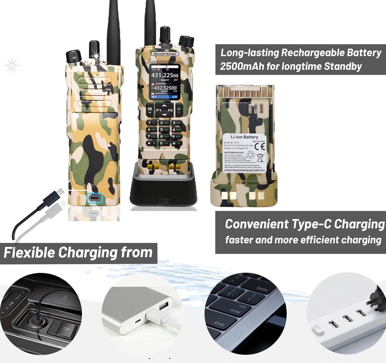 BAOFENG UV-32 Ham Radio Camouflage: 10W Long Range Handheld Walkie Talkie with GPS for Outdoor - Weather Radios with NOAA Alerts for Emergency Security - an Extra Gooseneck Antennas Type-C Charger