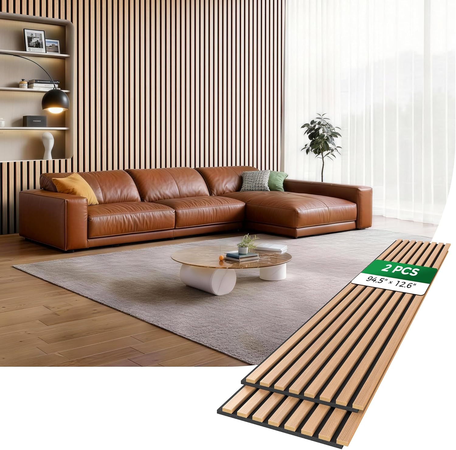 Wood Slat Acoustic Wall Panels, 3D Wall Panels with High Density Core for Echo Reduction, Easy DIY, for Living Room, Bedroom, Studio and More,Safe for Kids (Teak, 94.5"×12.6"-2 PCS)