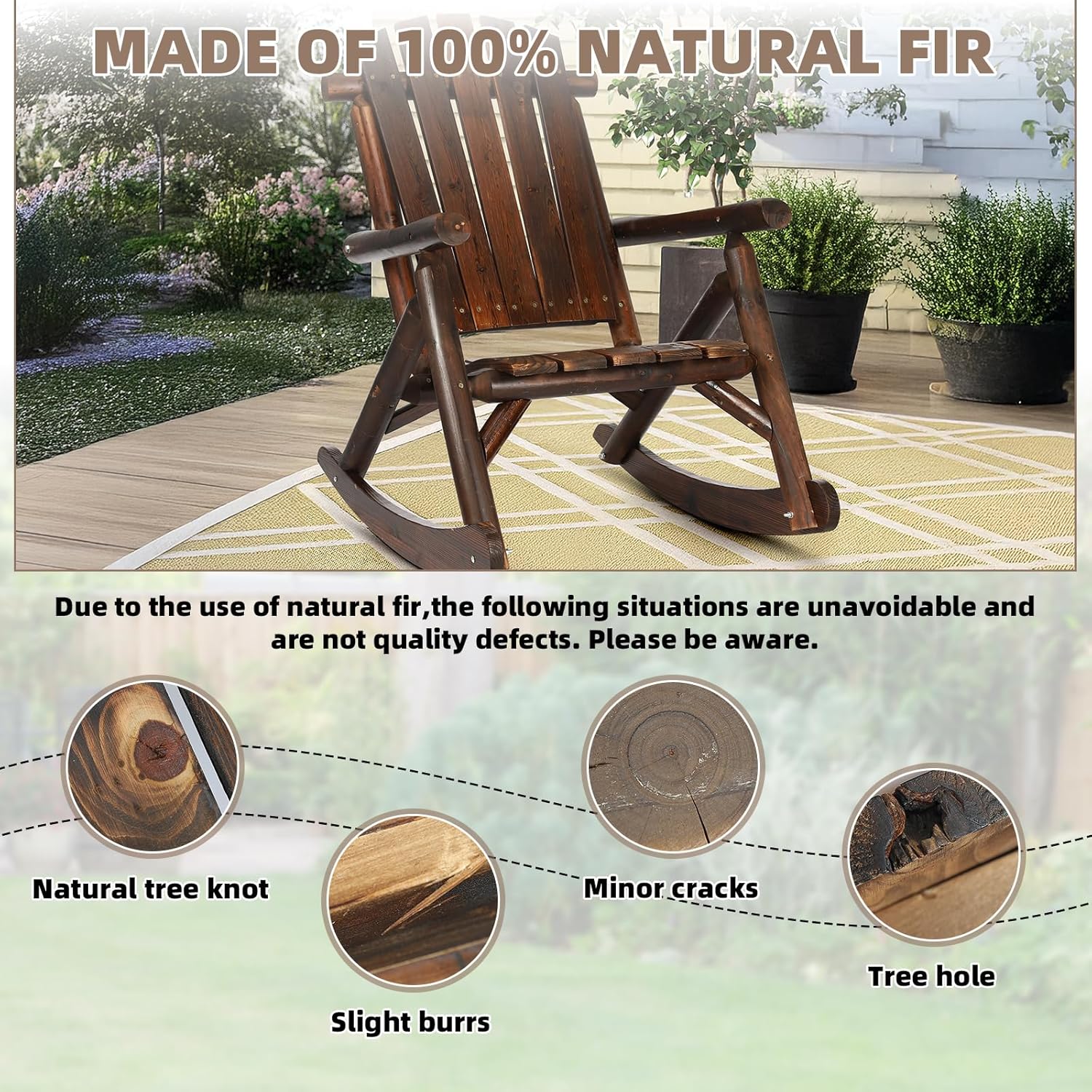 Outdoor Wooden Rocking Chair, Patio Rustic Adirondack Porch Rocker, All Weather Solid Wood Log Rocker High Back Lounge Chair with Slatted Seat for Indoor, Deck, Backyard, Carbonized