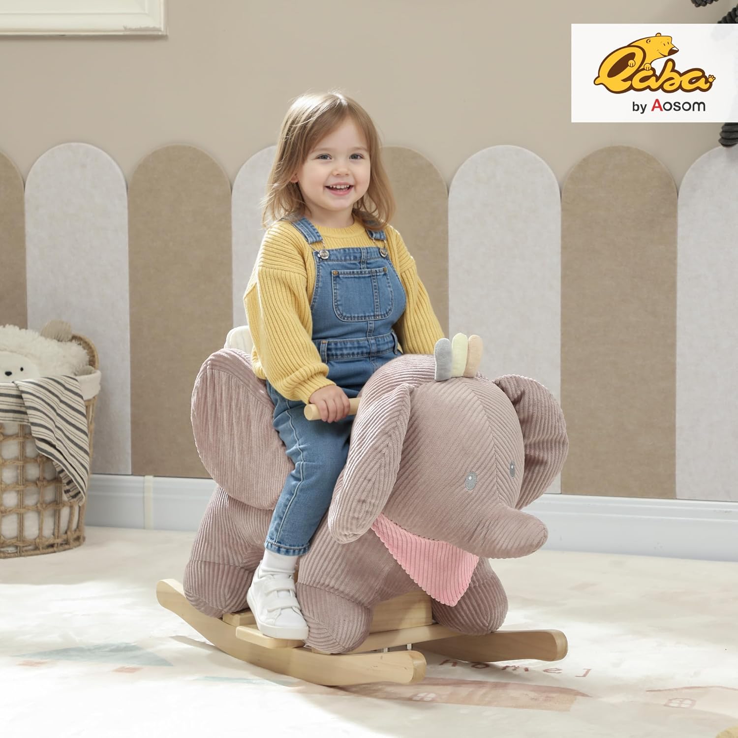 Qaba Elephant Baby Rocking Horse, Plush Stuffed Animal Rocker with Realistic Elephant Sound and Safety Belt, Kids Ride on Rocking Horse for Toddlers 18–36 Months, Pink