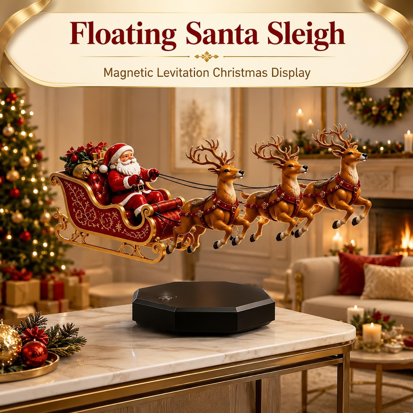 Trineo de Papá Noel Flotante, Trineo Volador con Levitación Magnética, Papá Noel y Renos Suspendidos en el Aire, Decoración de Mesa para Casa, Oficina, Estantería y Fiesta de Navidad