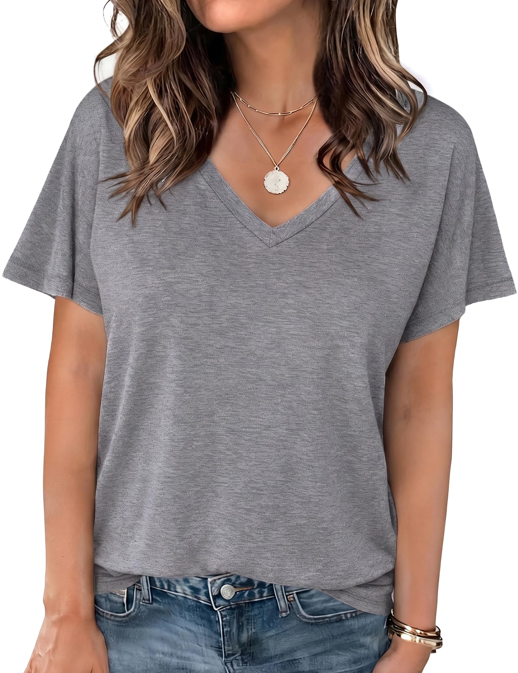 Crewhpo T Shirt Damen Kurzarm Einfarbige Shirts Sommer Basic Shirt Kurzärmeliges Casual Top Stretch Baumwolle Oberteile Lockeres Elegant