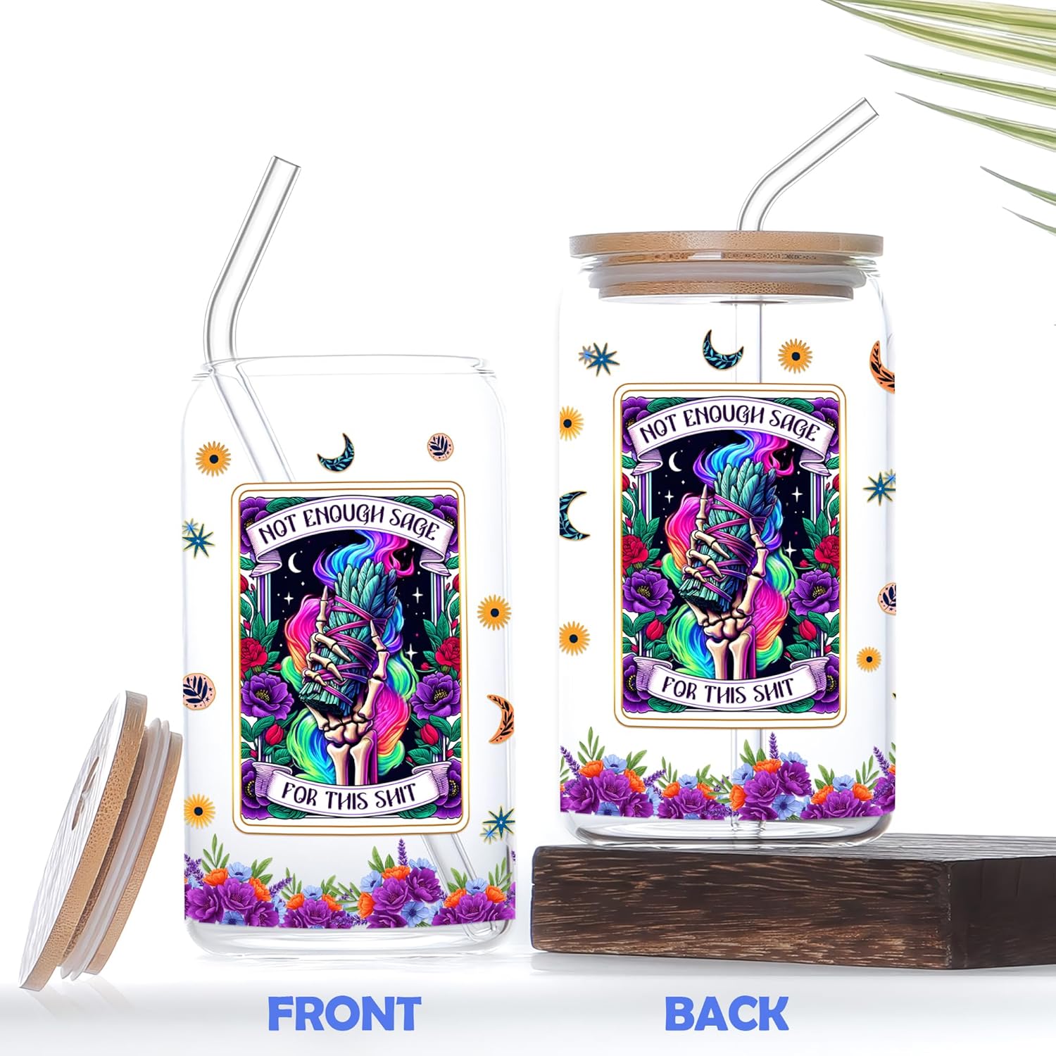 Tarot Card Skeleton 16 Oz Glass Cup with Lids and Straws Halloween Skull Iced Coffee Tumbler Not Enough Sage Drinking Glasses Christmas Birthday Funny Gifts for Women Men Friends Coworkers - Image 2