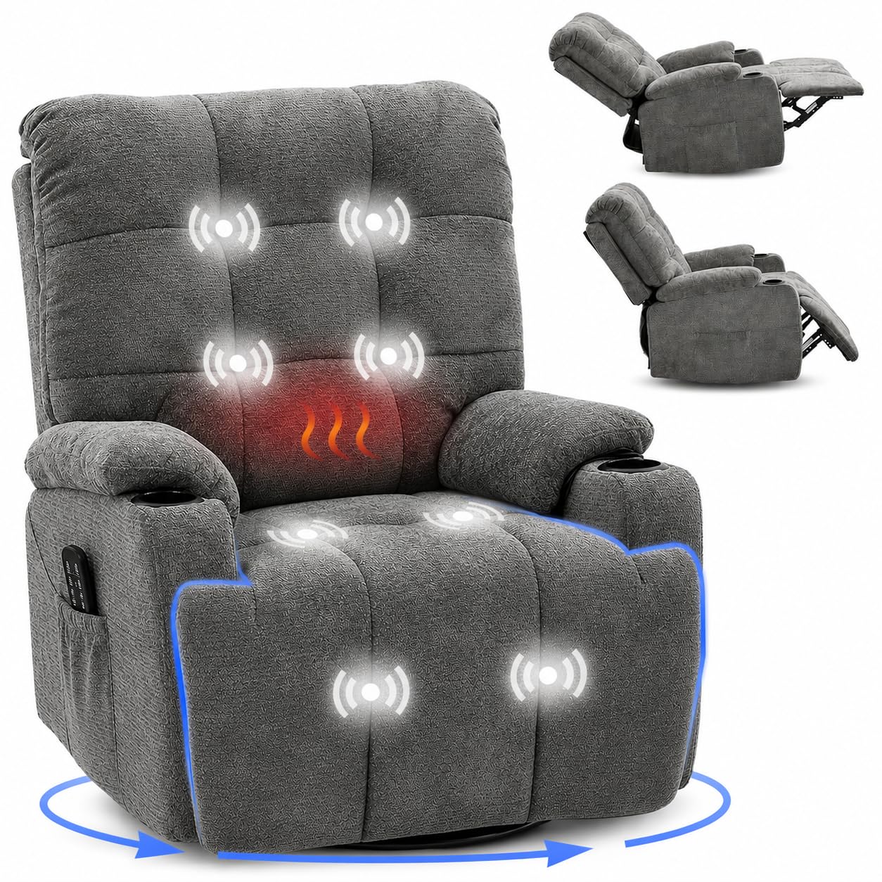 FLEXISPOT XR7 Curve Sillón Relax Eléctrico Giratorio con Balanceo, Masaje 8 Puntos y Calor, Reclinable 105°-165°, USB y Type-C, 2 Portavasos y Bolsillos Laterales, Soporta hasta 200 kg, Gris