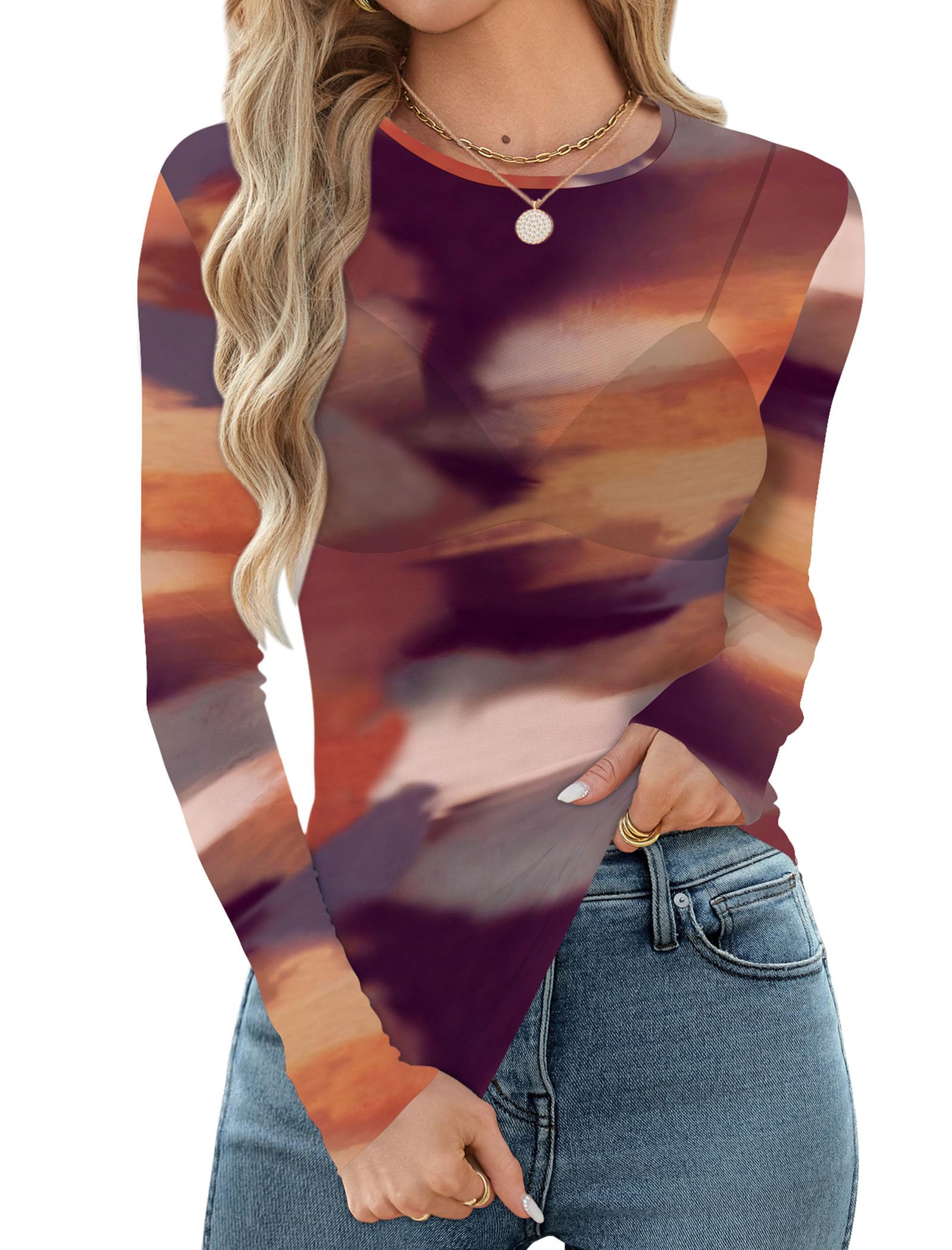 OFEEFAN Womens Mesh Tops Lace Long Sleeve Shirts Crewneck Slim Fitted Outfits See Through Blouses