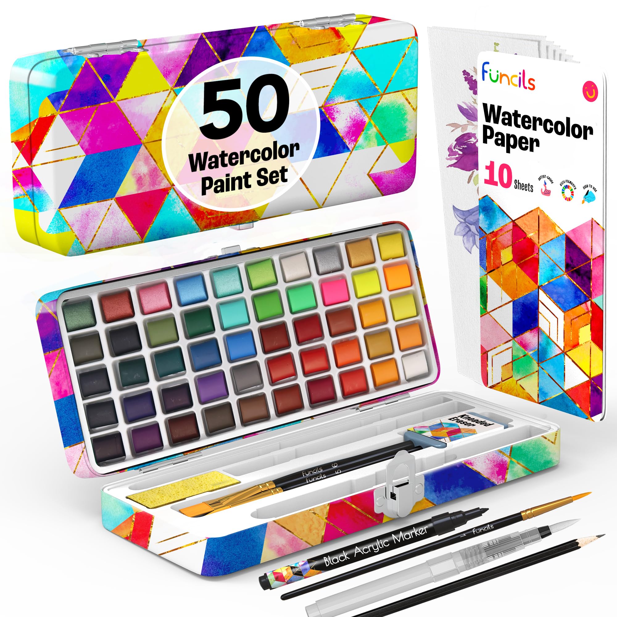 Funcils Set de Acuarelas Profesionales - 50 Kit de Acuarelas para Niños - Pintura de Acuarela Para Niños - Caja de Acuarelas Para Viaje - Versátil, Vibrante Y Portátil (50 Colores)