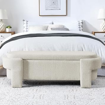 51.5" Oval Storage Ottoman Bench, Linen Upholstered Entryway Bench with Thick Cushion, Tufted End Bed Benchs with Storage, Window Benchs for Living Room, Bedroom, Beige