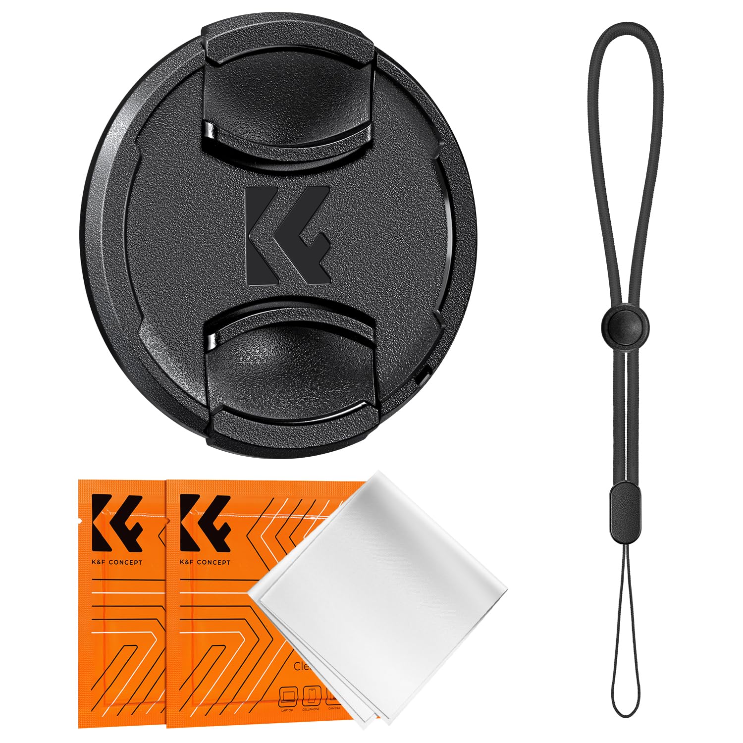 K&F Concept Osłona obiektywu 55 mm, zatrzaskowa osłona obiektywu 4 w 1 z 2 czarnymi ochraniaczami zapobiegającymi zgubieniu i 1 ściereczką do czyszczenia z mikrofibry, kompatybilna z obiektywami