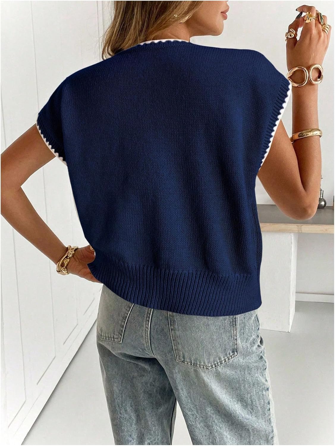 SOLY HUX Women's Short Sleeve Sweater 3D Floral Sweaters Pullover Tank Tops Knit Vest Trendy Fashion Clothing Dark Blue White Medium - Image 2