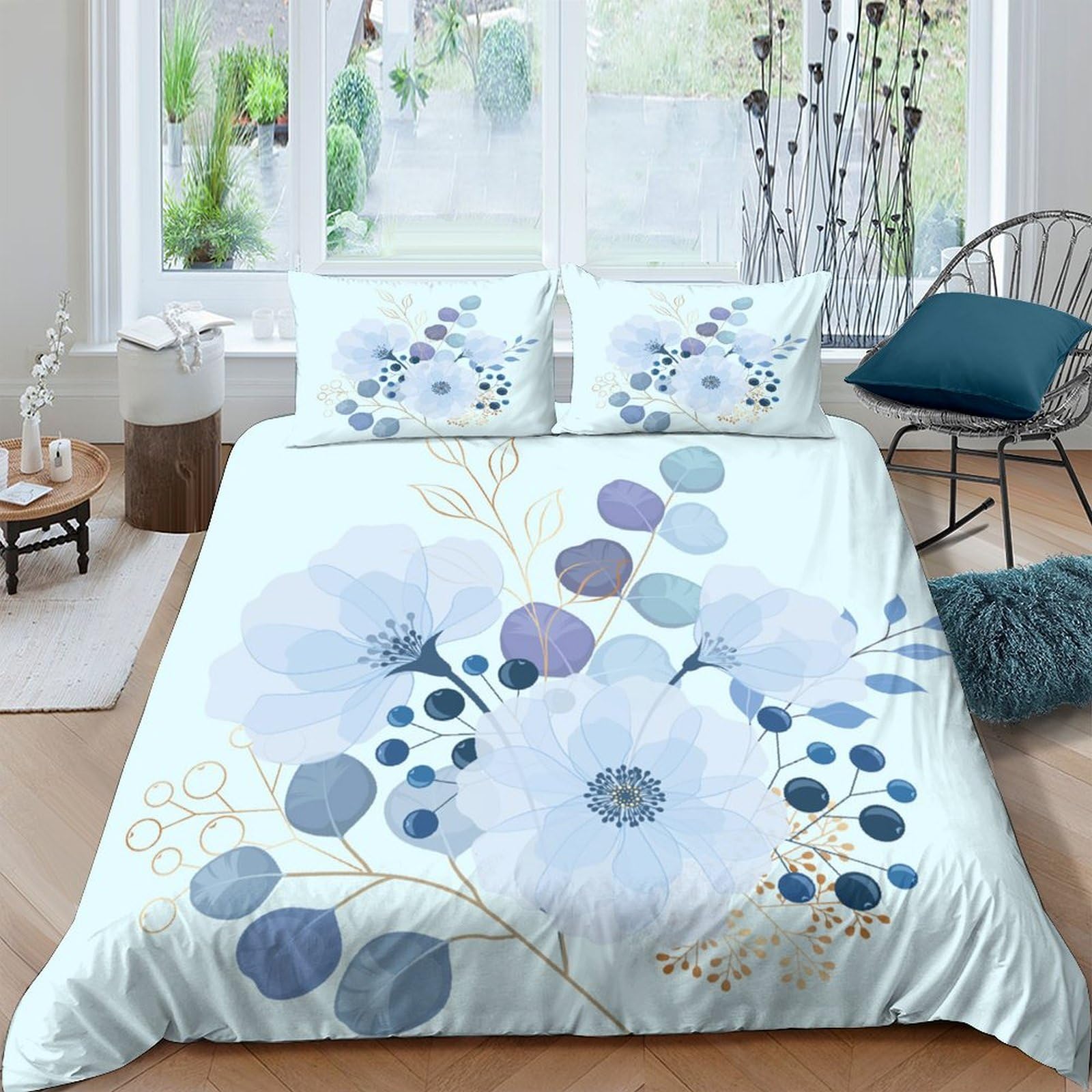 Ctjqhvkz Style-1 3D Printed Watercolor Blue Floral Fitted Sheet Microfiber Soft Breathable Abstract Blossom Mattress Cover Bedroom Decor Single（135X200cm）