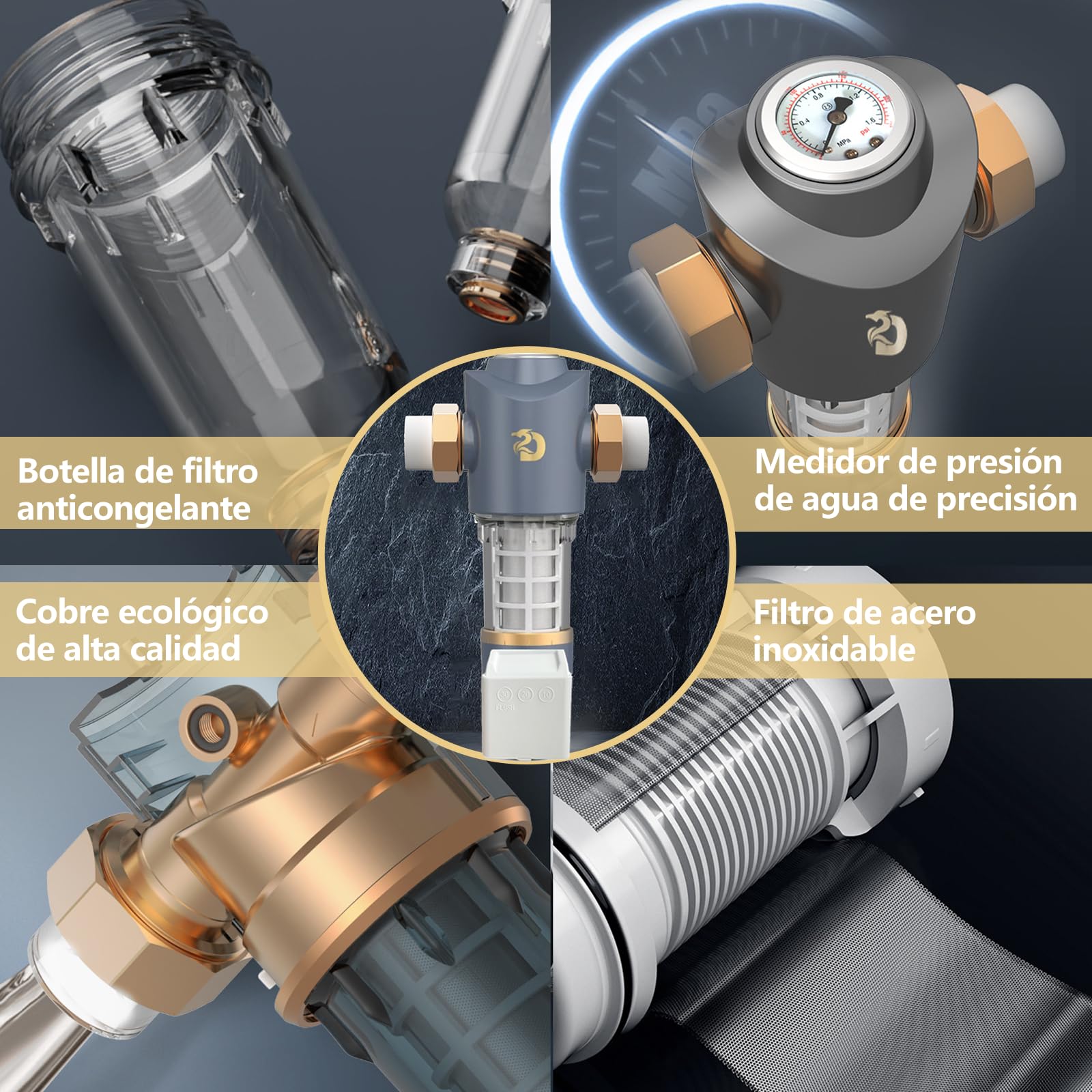 DAWNRISE Sistema de filtración para toda la casa. Flujo de 6 t/h, filtración rápida, certificado CE. Elimina el 99.99% de arena, óxido, huevos de parásitos y partículas grandes.