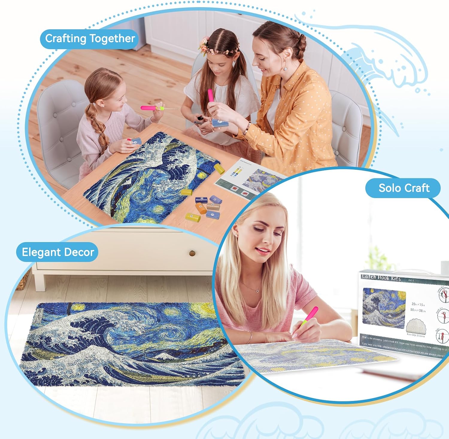 EsLuker.ly Latch Hook Rug Kit DIY Crochet Carpet for Beginners, Sea Wave Patterns Pre-Printed Canvas Yarn Rug Hooking Kits, Creative Craft Home Decor Ideal for Learning Rug Making
