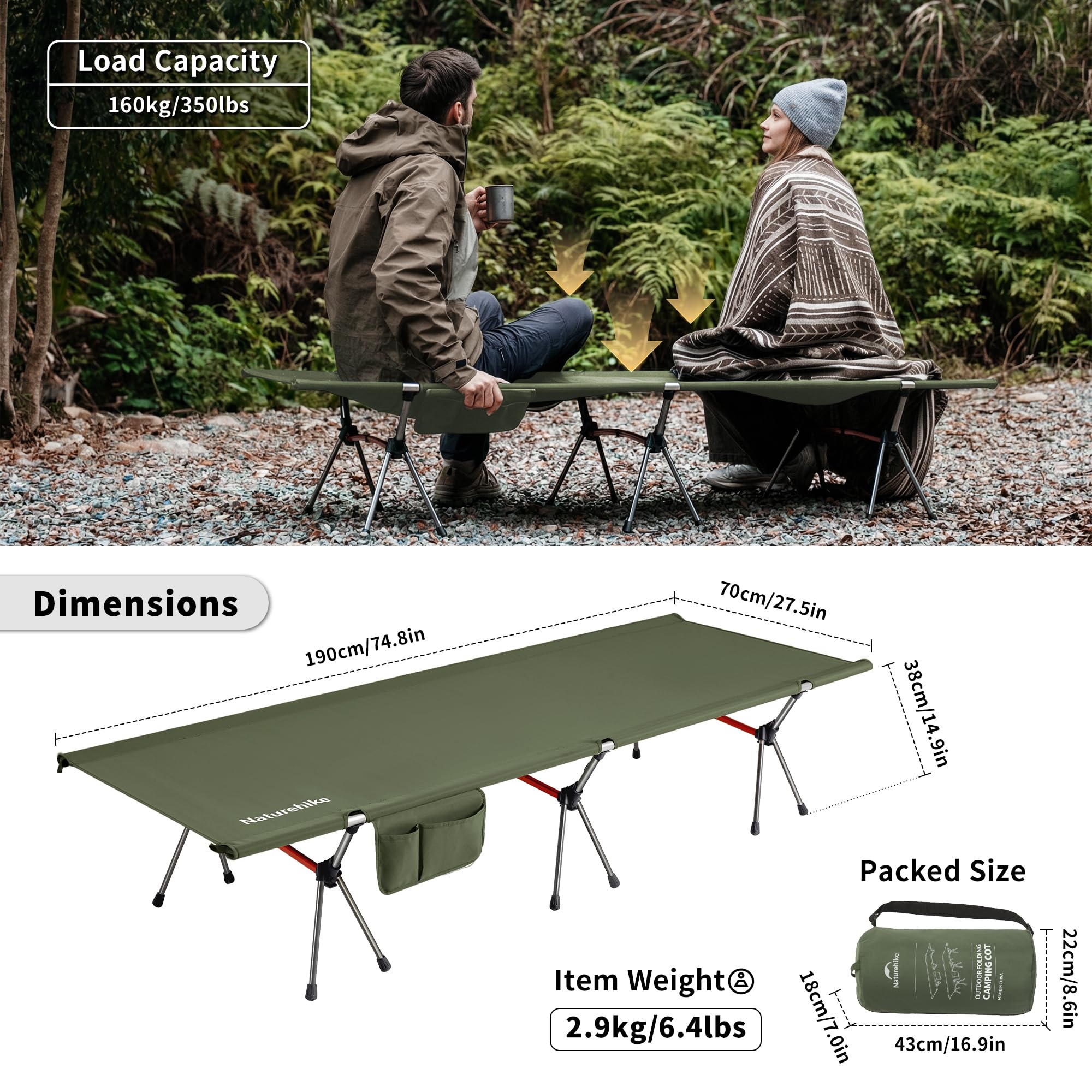 Naturehike Campingbett klappbar 190×70 cm tragbar Feldbett faltbar leicht Klappbett Campingliege bis 150kg Reisebett für Wandern Home Zelt Outdoor Büro Garten(Grün Upgrade)