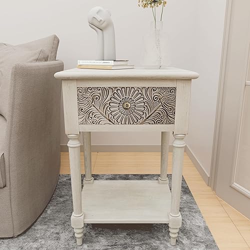 Mesa auxiliar vintage, mesa de noche de MDF de 2 niveles, pequeños aparadores de madera con cajones de gran capacidad y estante abierto para sala de