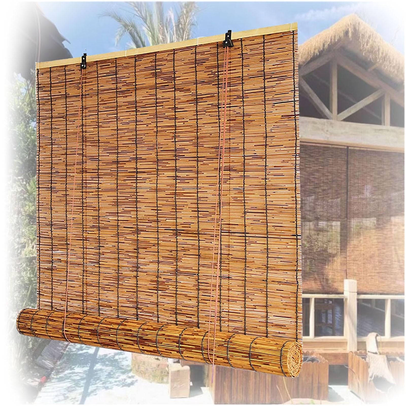 Outdoor Bamboo Roller Blinds, Light Filtering Bamboo Roll Up Shades, 40 50 70 80 120 160 cm Reed Sun Shade Privacy Screen, Retro Roman Window Curtains for Patio Porch Cordless(W100cm x H120cm)