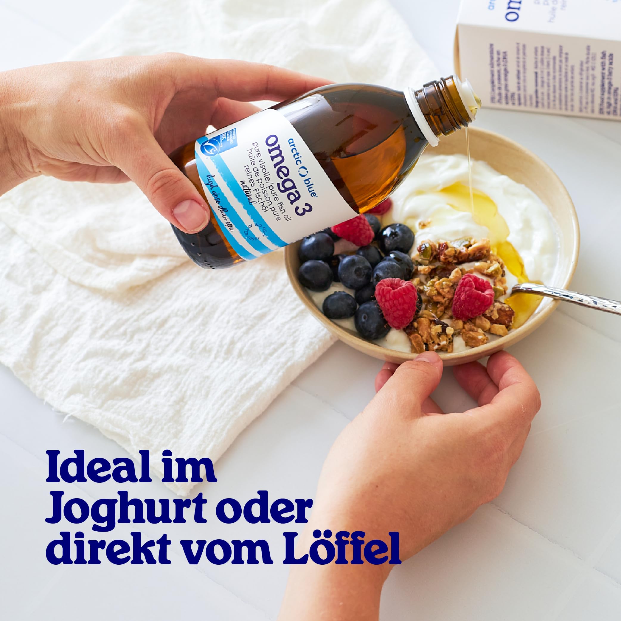 Arctic Blue Omega 3 Fischöl – 250 ml flüssig – MSC-Zertifiziert - hochdosiert mit DHA, EPA und Vitamin D – ohne Aufstoßen oder Fischgeruch – arktisches Fischöl – Orangengeschmack